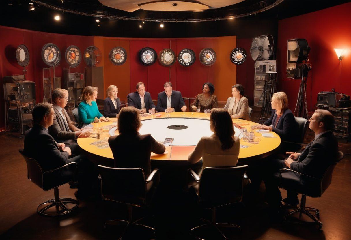 A dynamic roundtable setting with directors and actors engaged in a lively discussion, surrounded by film reels, cameras, and scripting materials. Include warm lighting to create an intimate atmosphere, with a spotlight highlighting the focal group. Capture expressive faces and gestures to emphasize the excitement of their conversation. Film industry symbols subtly integrated in the background. vibrant colors. cinematic style.