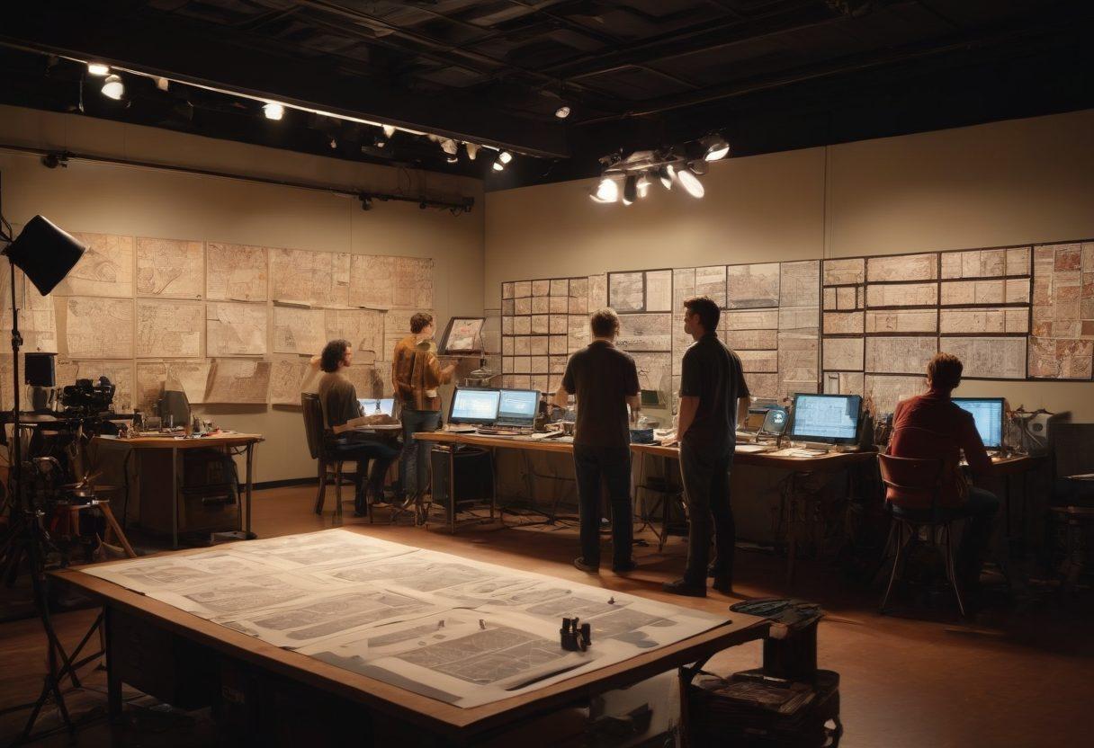A bustling film studio with crew members setting up a camera on a vibrant set, storyboard sketches pinned on a corkboard in the background. Include film reels and lighting equipment scattered around, while a director consults a script with actors in costume. Capture a sense of dynamic energy and creativity in the air. super-realistic. vibrant colors. cinematic atmosphere.