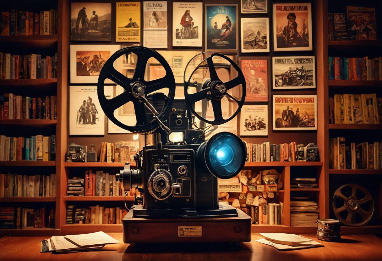 A cinematic scene featuring a vintage film projector casting light onto a vibrant, digital collage of iconic movie posters and film reels. Include details like a film critic engrossed in writing notes, with shelves of classic DVDs and a cozy atmosphere. The background should feature soft lighting and an abstract representation of famous film scenes blending into the visuals. super-realistic. warm tones. cozy ambiance.